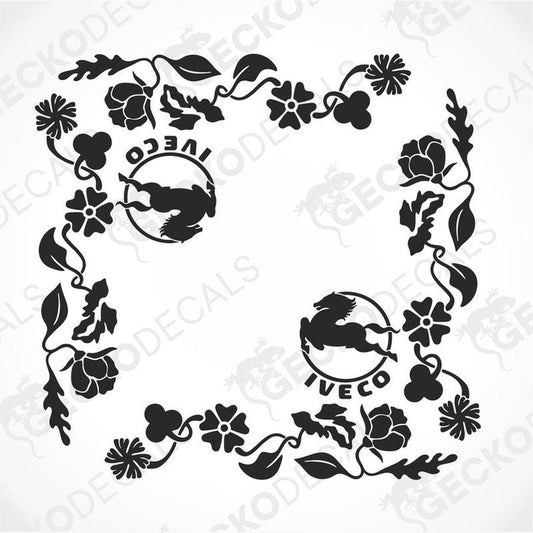 A die cut decal with a floral pattern and the IVECO logo, designed for use on side windows of trucks.