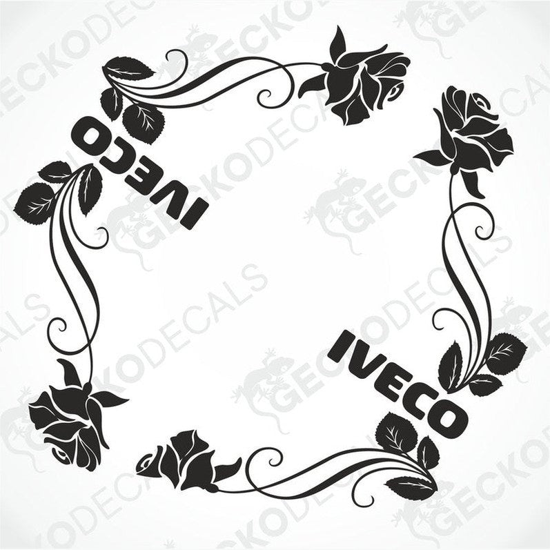 A set of black and white floral side window decals with the word 'IVECO' in the center.