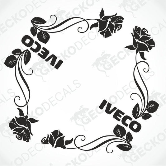 A set of black and white floral side window decals with the word 'IVECO' in the center.