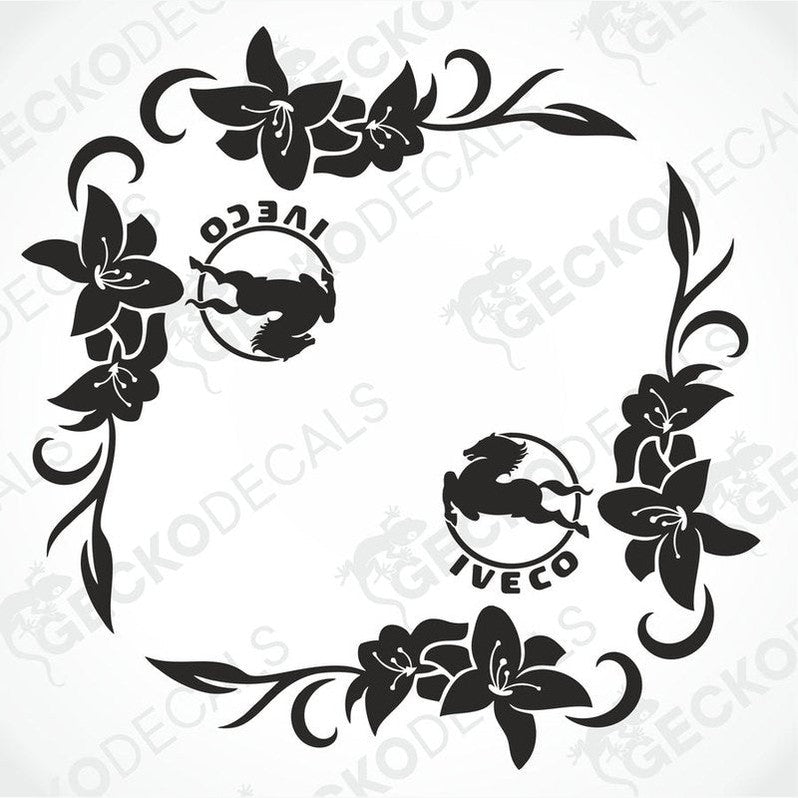 A pair of black floral side window decals for IVECO vehicles, designed for application on the exterior of the vehicle.