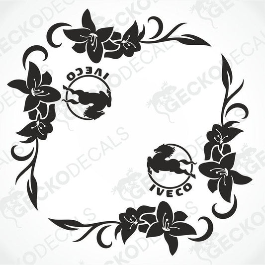 A pair of black floral side window decals for IVECO vehicles, designed for application on the exterior of the vehicle.