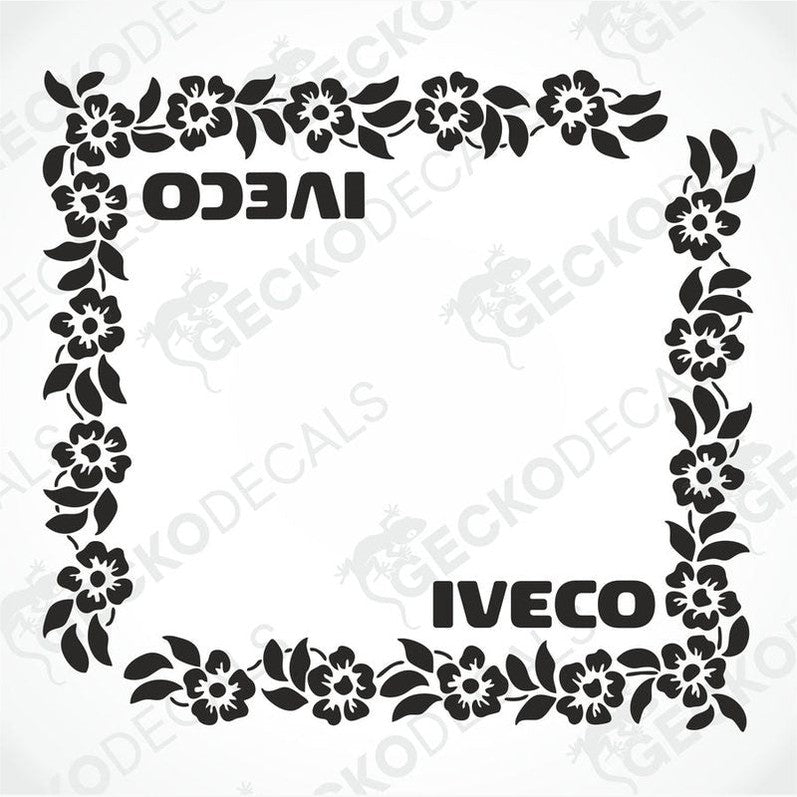 A black decal with a floral pattern around the IVECO brand logo.