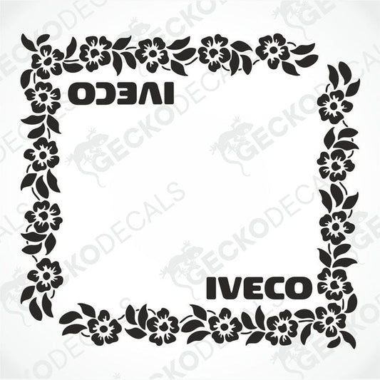 A black decal with a floral pattern around the IVECO brand logo.