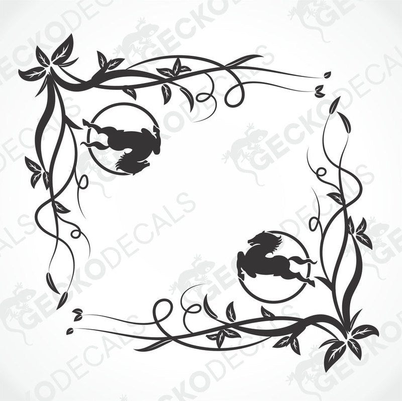 A set of two black floral side window decals for an IVECO truck, with a decorative border around each sticker.