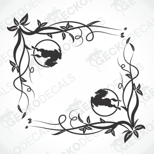 A set of two black floral side window decals for an IVECO truck, with a decorative border around each sticker.
