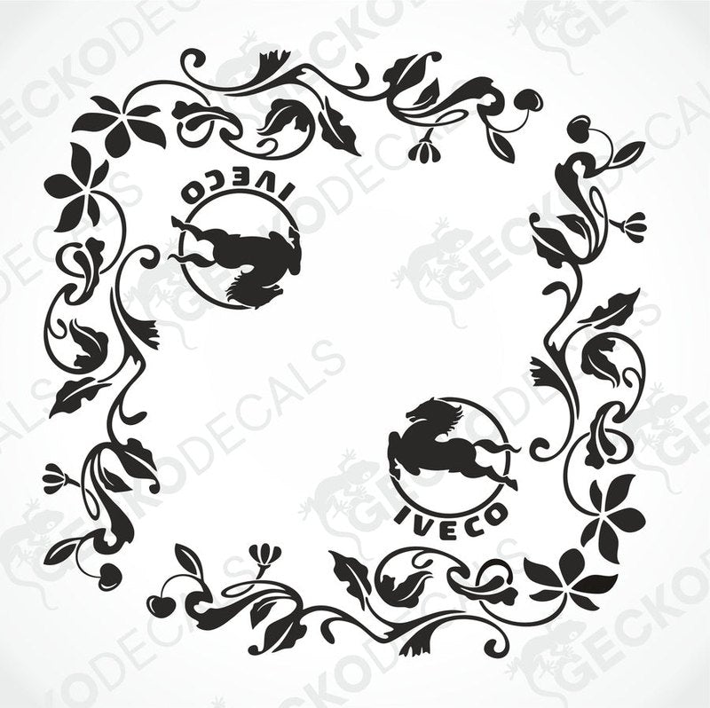 A black floral side window decal with the IVECO logo in the center, designed for use on truck windows.