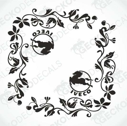 A black floral side window decal with the IVECO logo in the center, designed for use on truck windows.