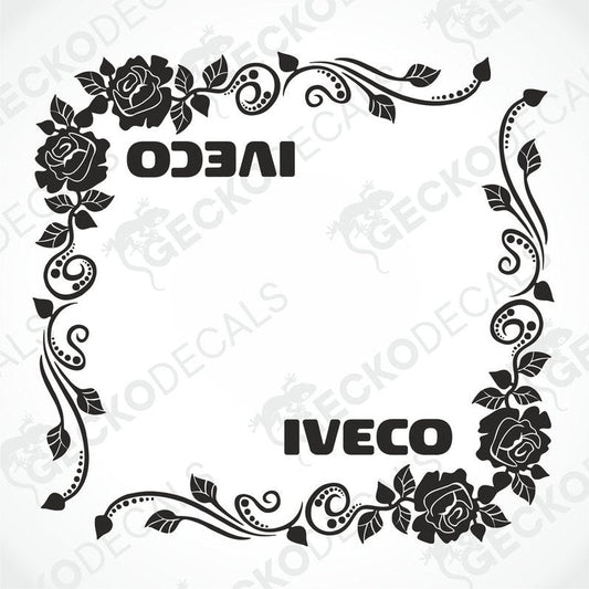 A set of two black tribal pattern car decals with the IVECO logo, designed for placement on the side windows of a vehicle.