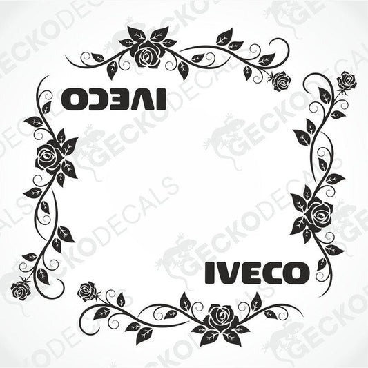A black and white image of two floral side window decals for IVECO vehicles, featuring roses and decorative foliage.