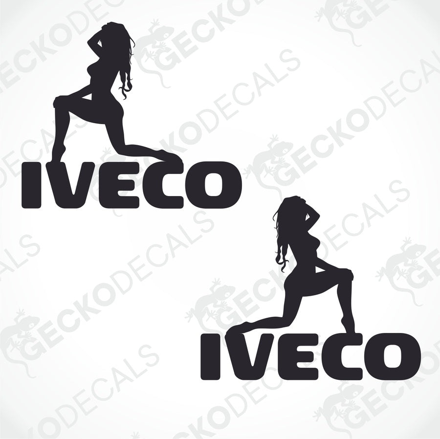 Two black die cut stickers with a girl's figure and the word 'IVECO' on it.