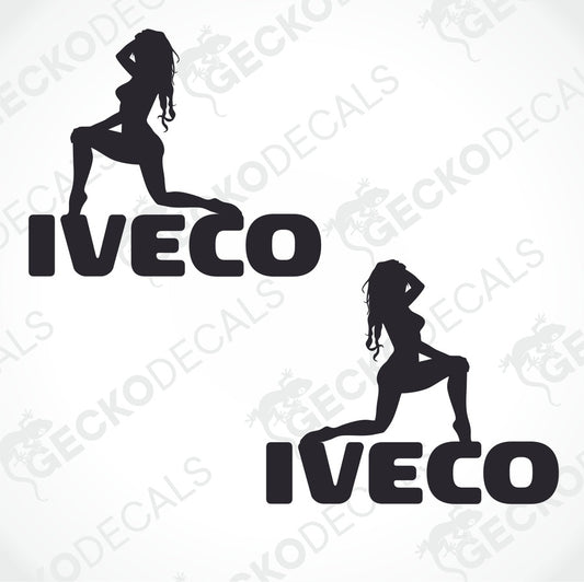 Two black die cut stickers with a girl's figure and the word 'IVECO' on it.
