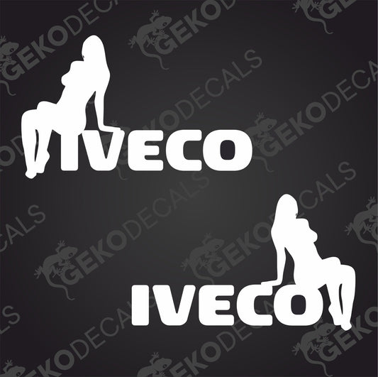 Two white vehicle decals of a female figure, one standing and the other sitting, with the brand name 'IVECO' displayed above.