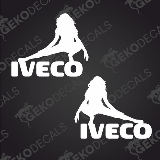 Two white decals of a stylized female figure branding 'IVECO'.