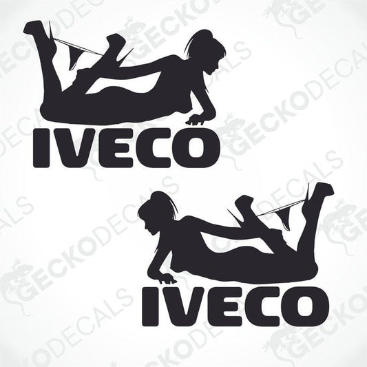 Two black die cut stickers with a girl's figure and the word 'IVECO' on it.