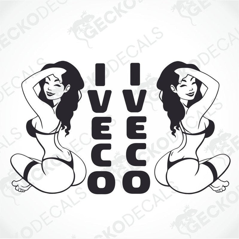 A black and white sticker of a girl sitting on a vehicle, with the text 'IVECO' above her. The sticker is cut out and ready to apply.