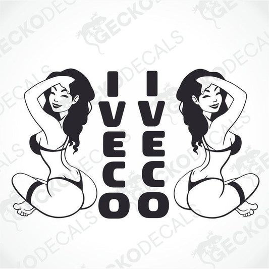 A black and white sticker of a girl sitting on a vehicle, with the text 'IVECO' above her. The sticker is cut out and ready to apply.