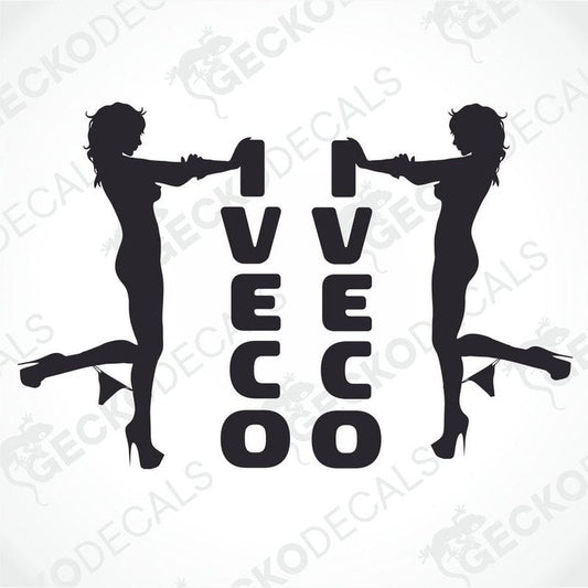 Two black and white stickers depicting a stylized female figure with the brand name 'IVECO' written across.