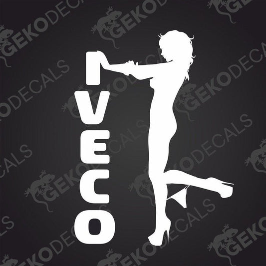 A sticker decal of a girl holding a beer bottle with the text 'IVECO' on the bottle.