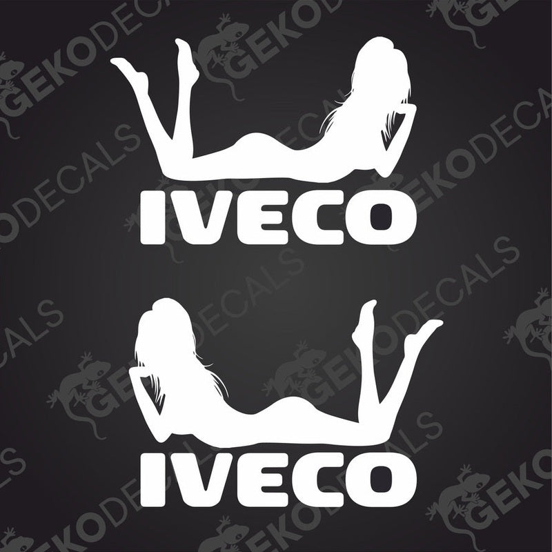 Two black decals of a stylized female figure posing in a suggestive manner with the brand name 'IVECO' printed on her leg.
