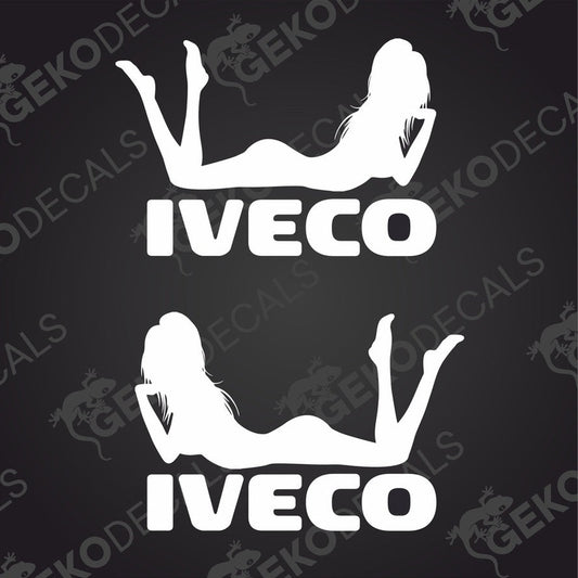 Two black decals of a stylized female figure posing in a suggestive manner with the brand name 'IVECO' printed on her leg.