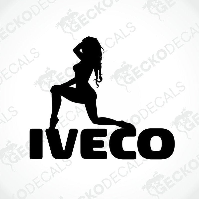 A die cut decal with the silhouette of a girl sitting beside the text 'IVECO'.