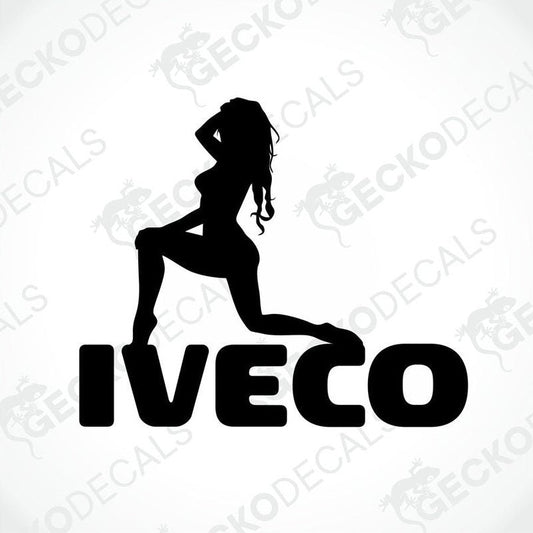 A die cut decal with the silhouette of a girl sitting beside the text 'IVECO'.