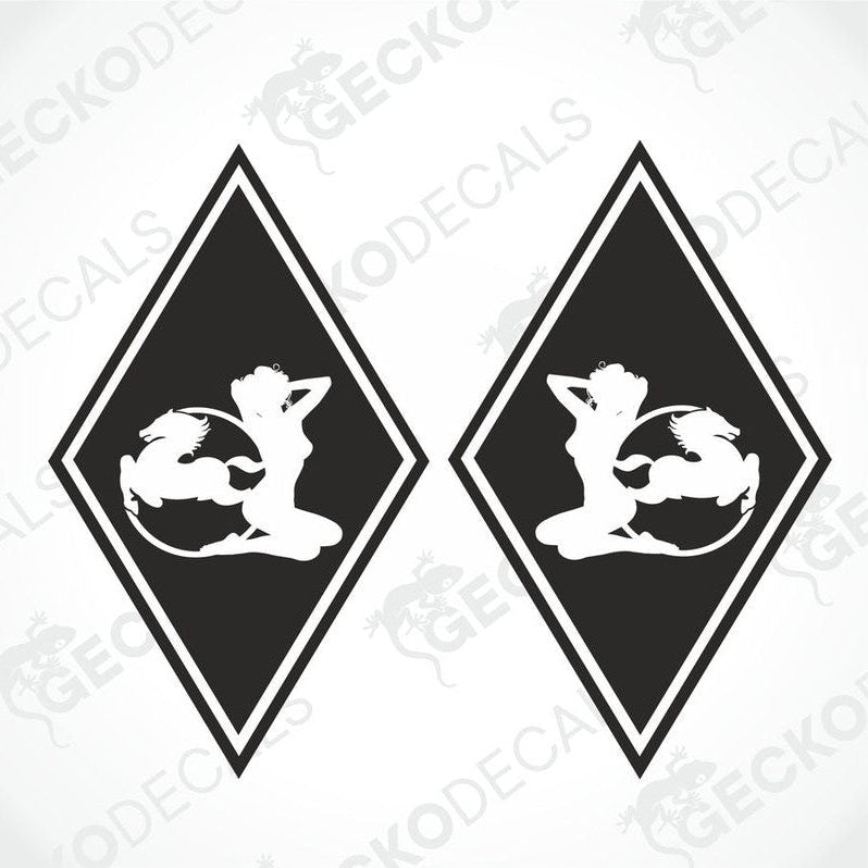 Two black and white vehicle decals featuring a diamond-shaped design with a girl's silhouette in the center, with the IVECO brand logo at the top.
