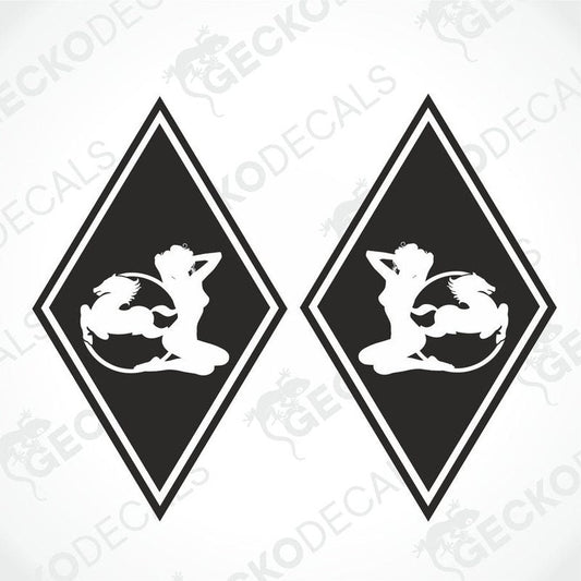 Two black and white vehicle decals featuring a diamond-shaped design with a girl's silhouette in the center, with the IVECO brand logo at the top.