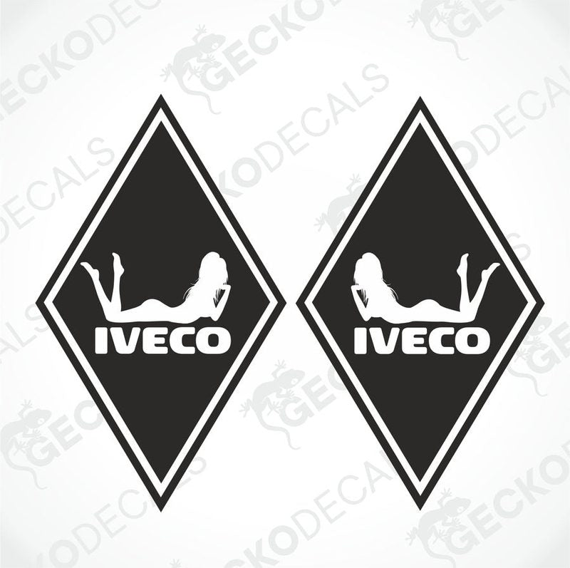 Two black and white vehicle decals featuring a diamond-shaped design with a girl's silhouette in the center, with the IVECO brand logo at the top.