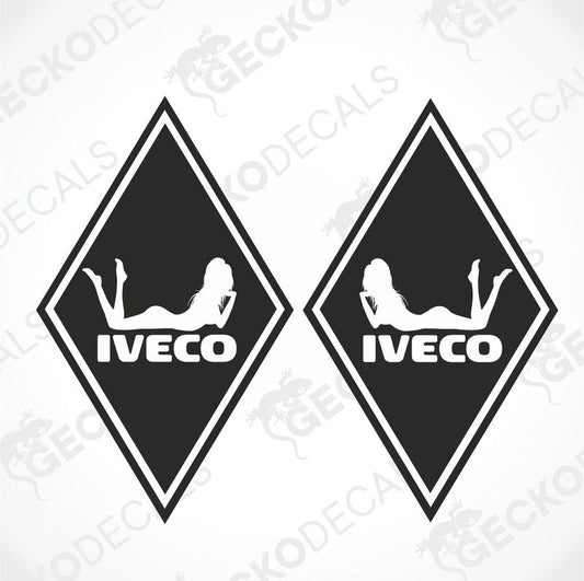 Two black and white vehicle decals featuring a diamond-shaped design with a girl's silhouette in the center, with the IVECO brand logo at the top.