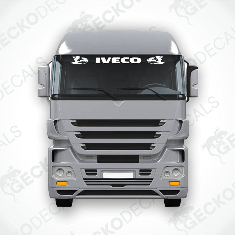 A front view of a truck windscreen with the IVECO logo displayed at the top.