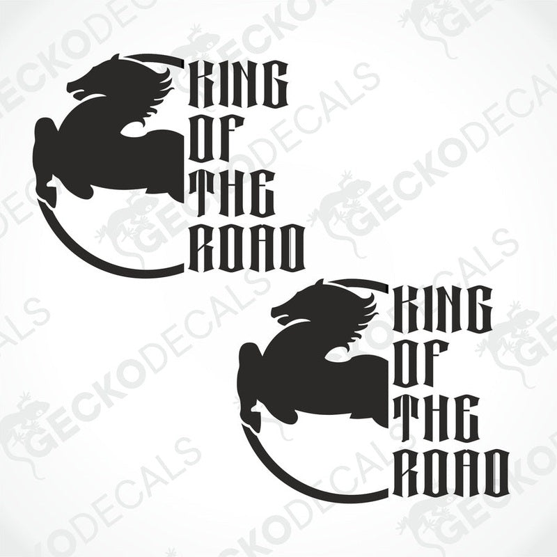 Two black decals with the text 'KING OF THE ROAD' and a graphic of a dragon, placed against a white background.