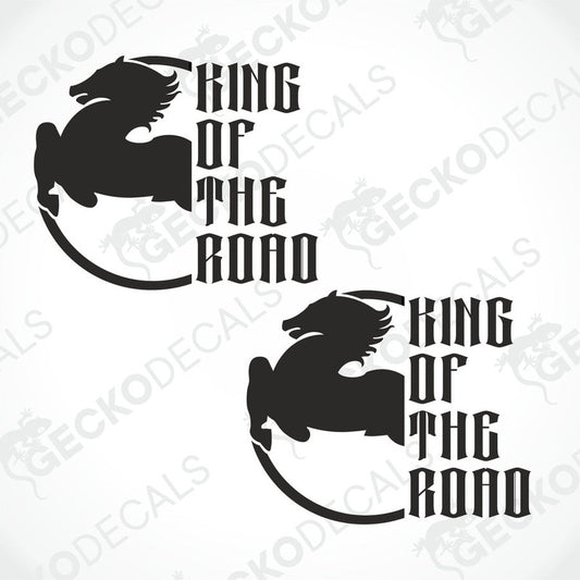 Two black decals with the text 'KING OF THE ROAD' and a graphic of a dragon, placed against a white background.