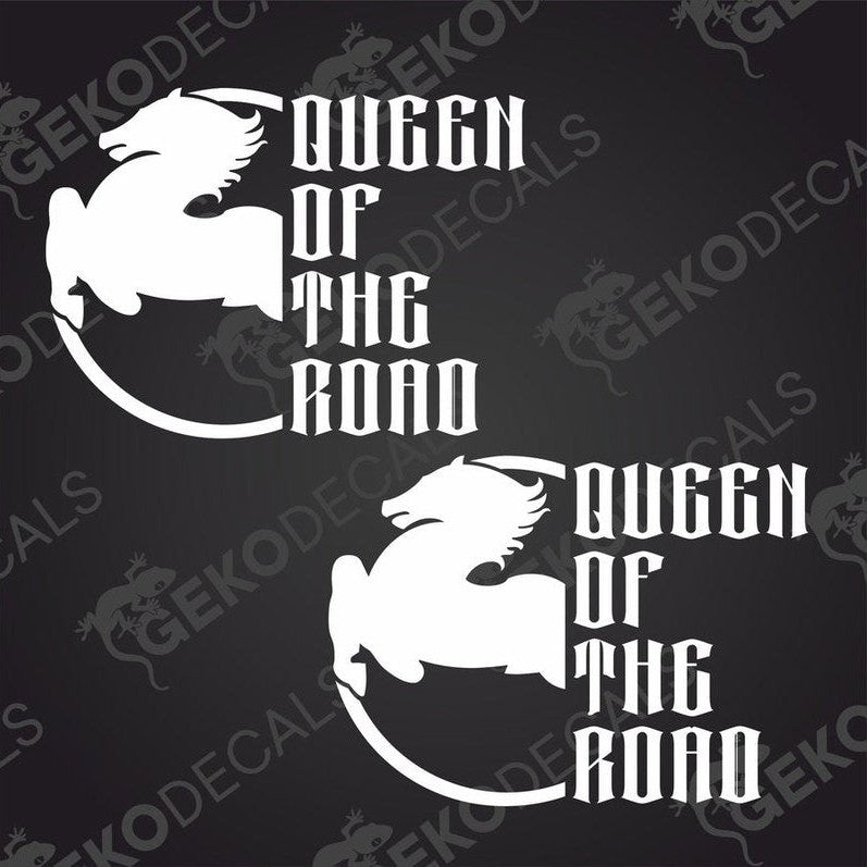 Two white vehicle decals with the text 'QUEEN OF THE ROAD' and a graphic of a stylized dragon, placed against a black background with the 'GeckoDecals' branding.