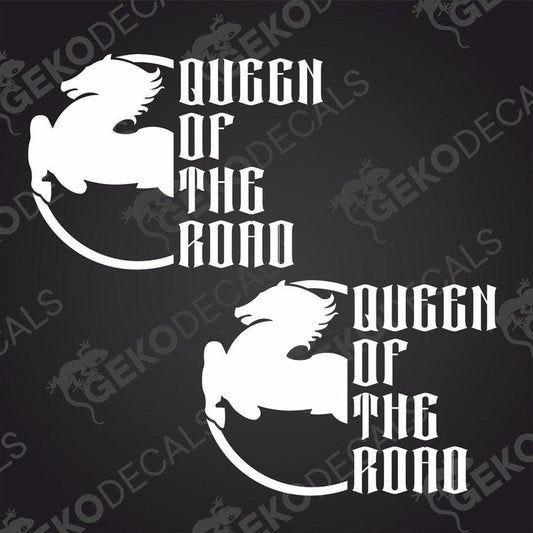 Two white vehicle decals with the text 'QUEEN OF THE ROAD' and a graphic of a stylized dragon, placed against a black background with the 'GeckoDecals' branding.