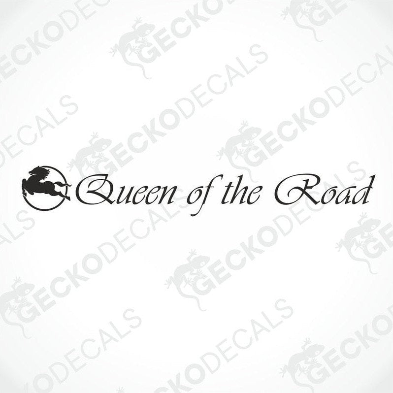 A graphic representation of a truck windscreen with a 'Queen of the Road' sticker on the top. The truck is grey in color and the sticker is black with white text.
