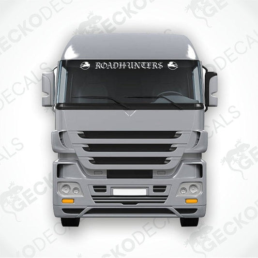 A graphic representation of a truck windscreen with the text 'ROADHUNTERS' displayed on it.