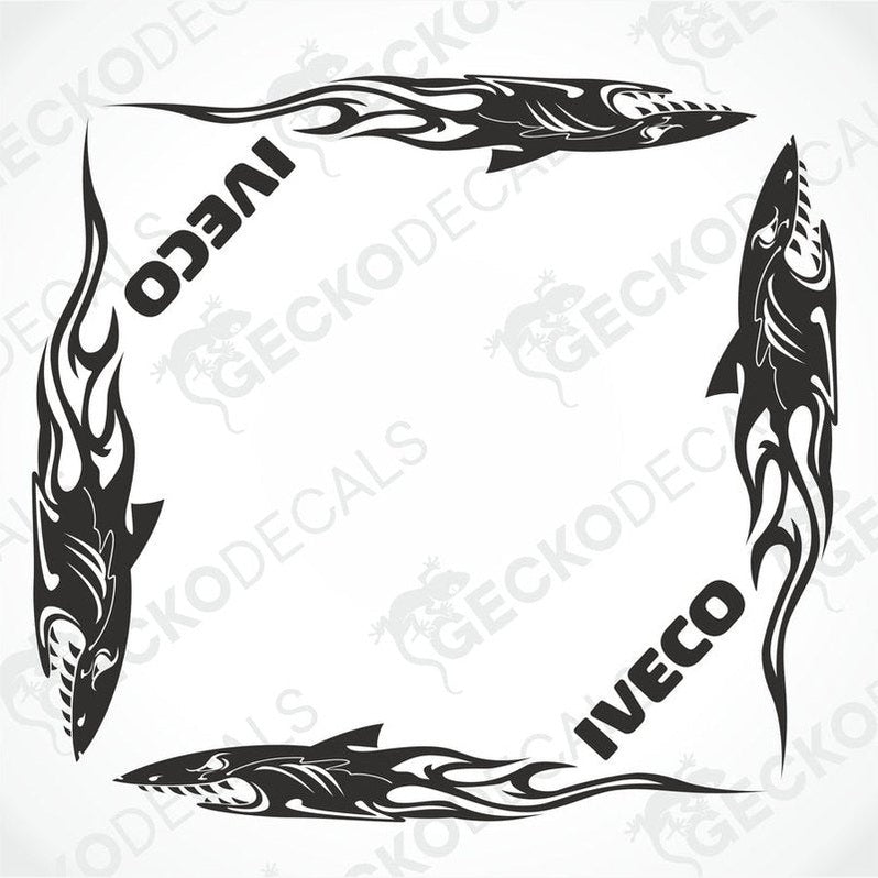 A set of black tribal patterned side window decals for IVECO vehicles, designed to be applied on transfer paper.