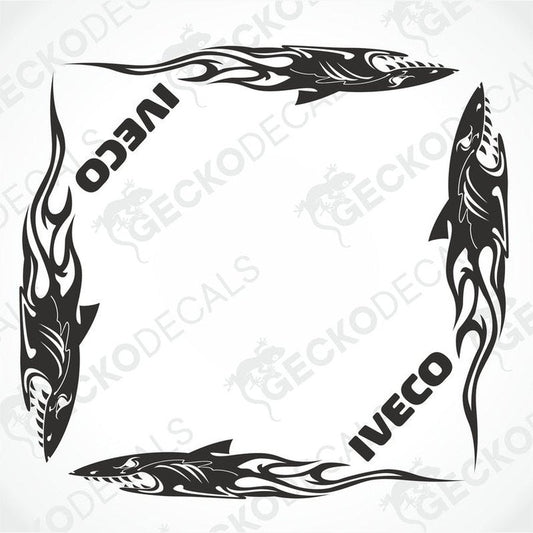 A set of black tribal patterned side window decals for IVECO vehicles, designed to be applied on transfer paper.