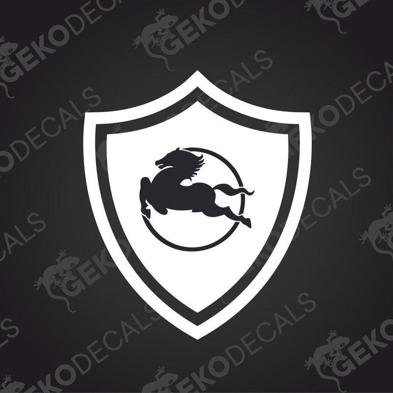 A black decal of a shield with a horse rider in the center, with the text 'GECKODECALS' across the top.
