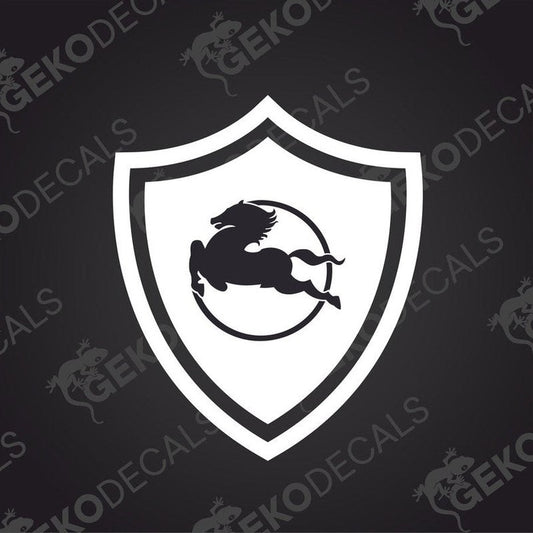 A black decal of a shield with a horse rider in the center, with the text 'GECKODECALS' across the top.