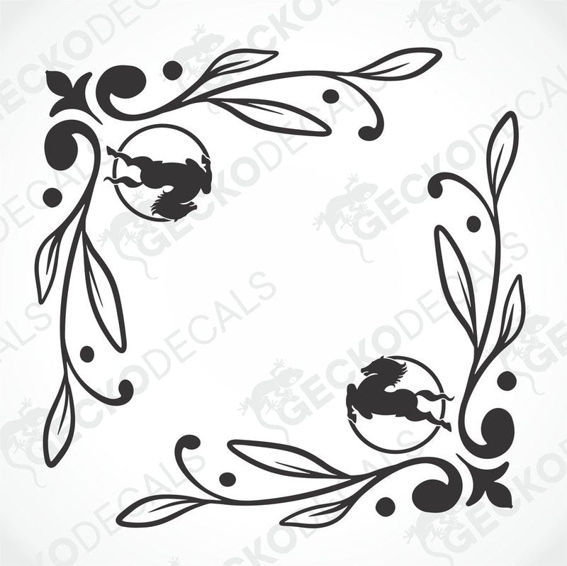 A black and white image of a die cut decal with a floral pattern and animal silhouettes intended for use as IVECO side window decals.