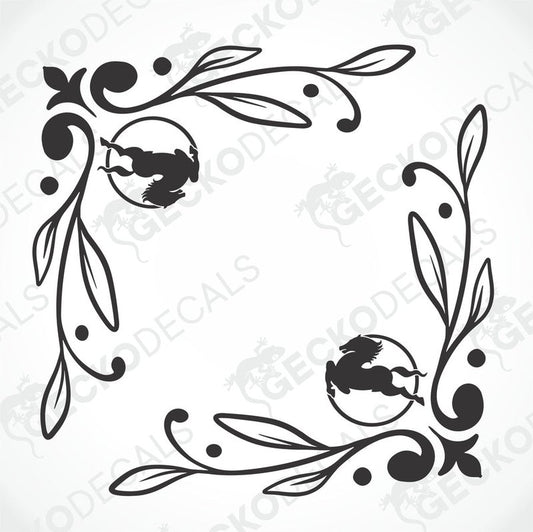A black and white image of a die cut decal with a floral pattern and animal silhouettes intended for use as IVECO side window decals.