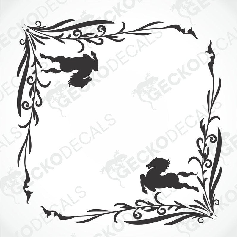 A set of two black and white die cut stickers for side windows, with decorative floral and scroll designs.