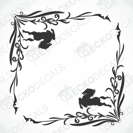 A set of two black and white die cut stickers for side windows, with decorative floral and scroll designs.