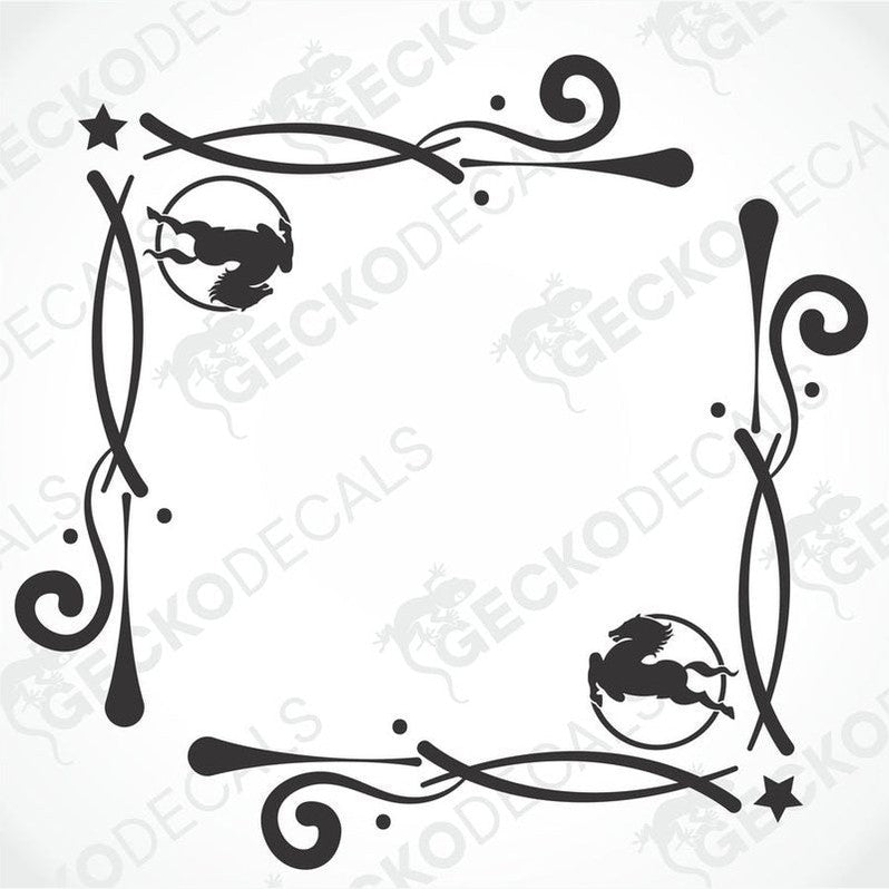 A set of two black and white die cut stickers with a geometric and floral pattern, designed for use on side windows of a truck.