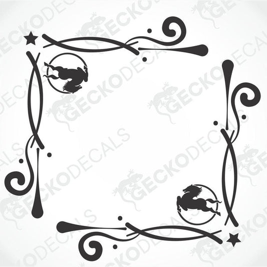 A set of two black and white die cut stickers with a geometric and floral pattern, designed for use on side windows of a truck.