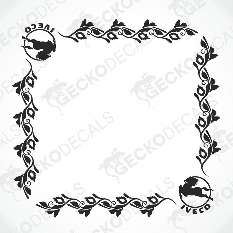 A set of two black decals with a geometric and floral design, intended for use on side windows of a truck.