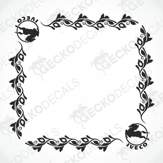 A set of two black decals with a geometric and floral design, intended for use on side windows of a truck.
