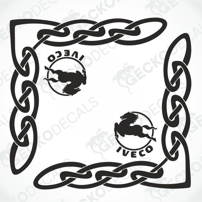 IVECO side window die-cut decals with Celtic knot border and rearing horse logo